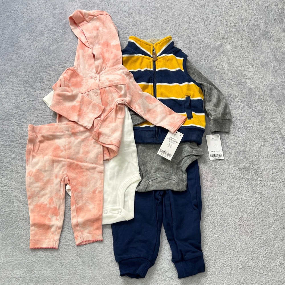 Carter's Baby Bundle 3M+9M 2 Outfits Hoodie Bodysuit Pants Set ( 6 piece Lot) - Picture 1 of 12